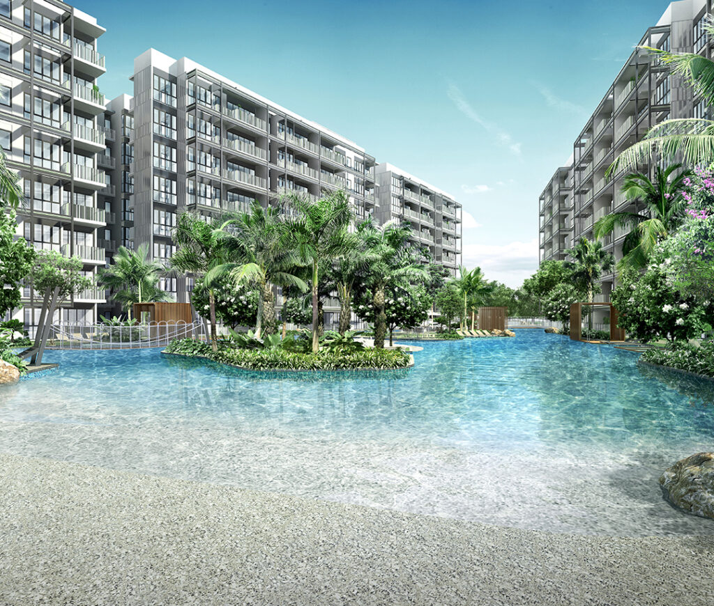 Picture shows the jovell It is a home out of the ordinary, the exquisitely detailed water garden sets the tone of a beach, a garden and a sanctuary all roll into one. With only 8 stories to every block, the Jovell thrives on spacious low density living amongst a sea of giant condominiums, maximising upon quality of life for its residents.